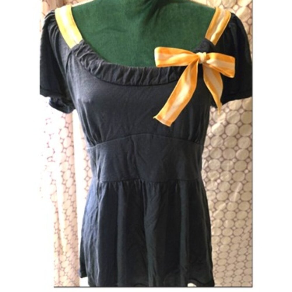 Anthropologie RIc Rac Blue & Yellow Puff Sleeve Top with Yellow & White Ribbon M
